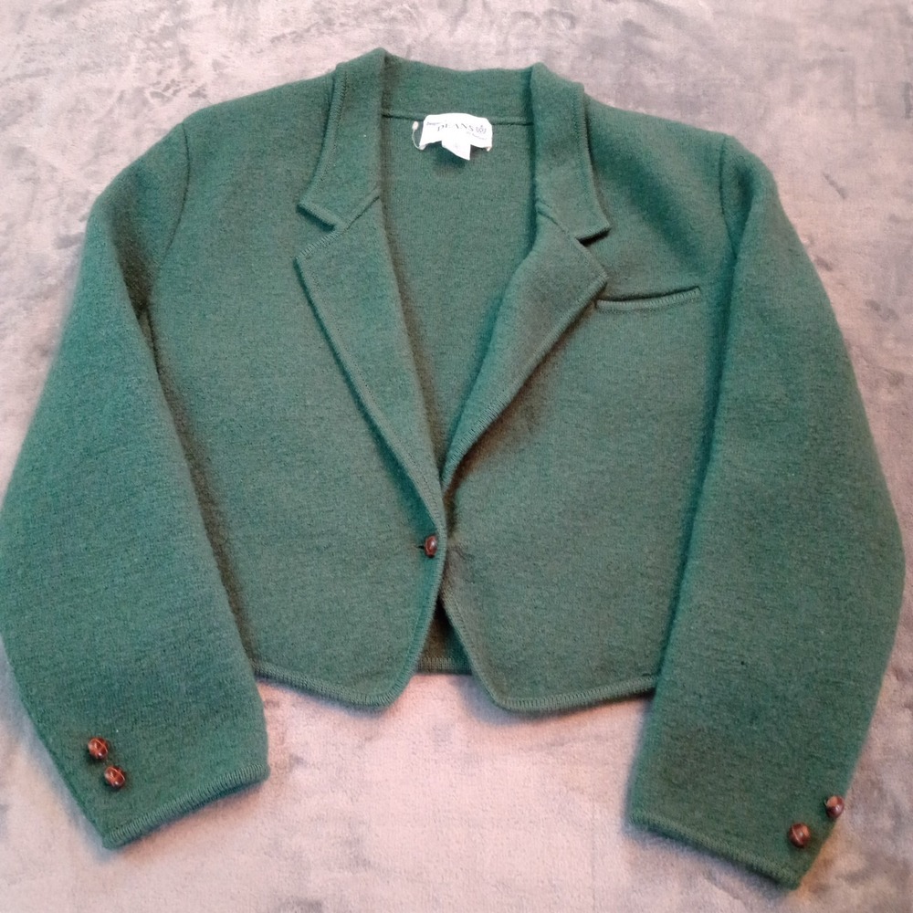 Vintage Deans of Scotland 100% Wool Knit Blazer Green Womens Small Shoulder Pads